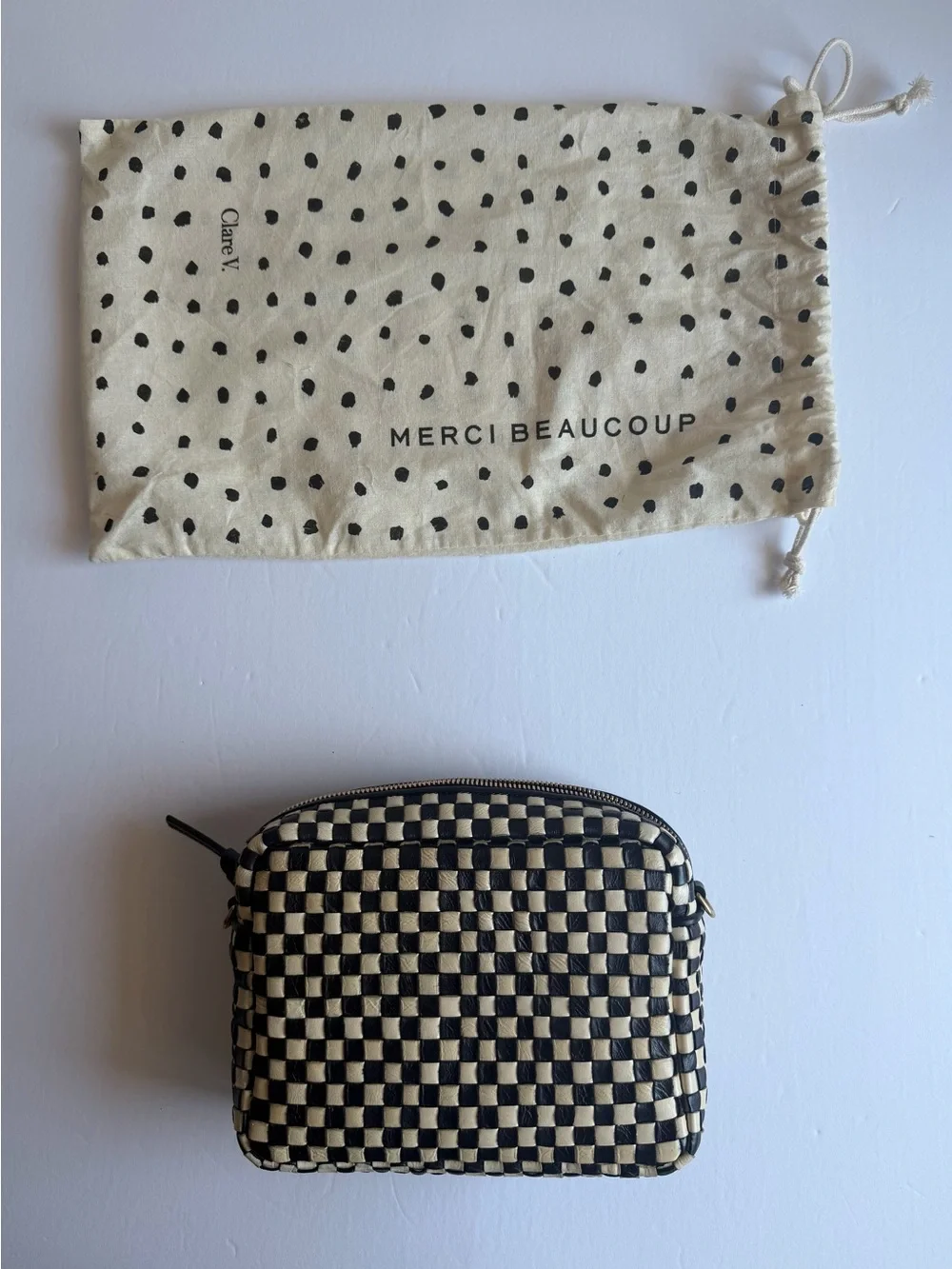Clare V Midi Sac Black & Cream Woven Checker
